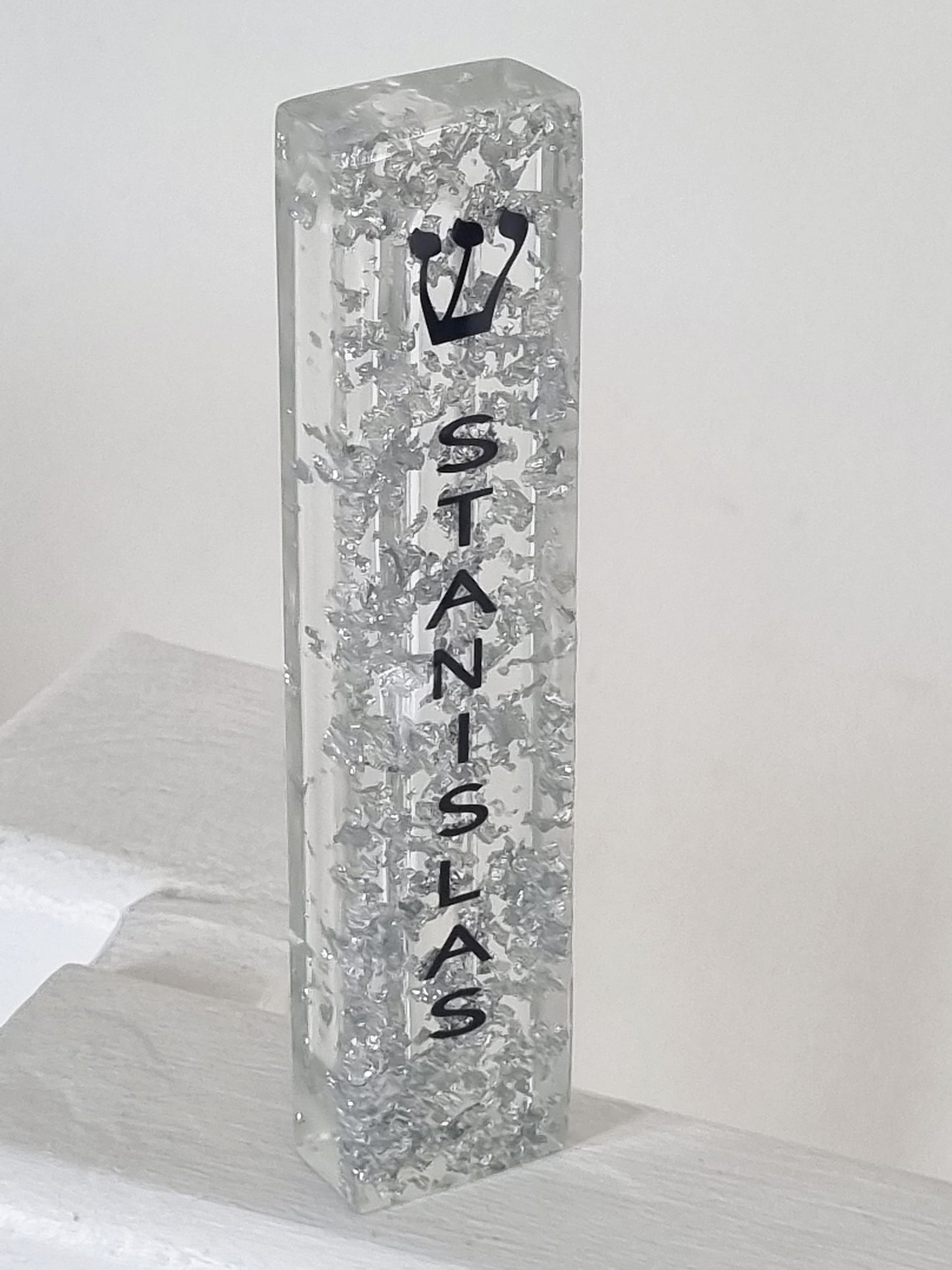 Personalised clear resin mezuzah cover with silver leaf