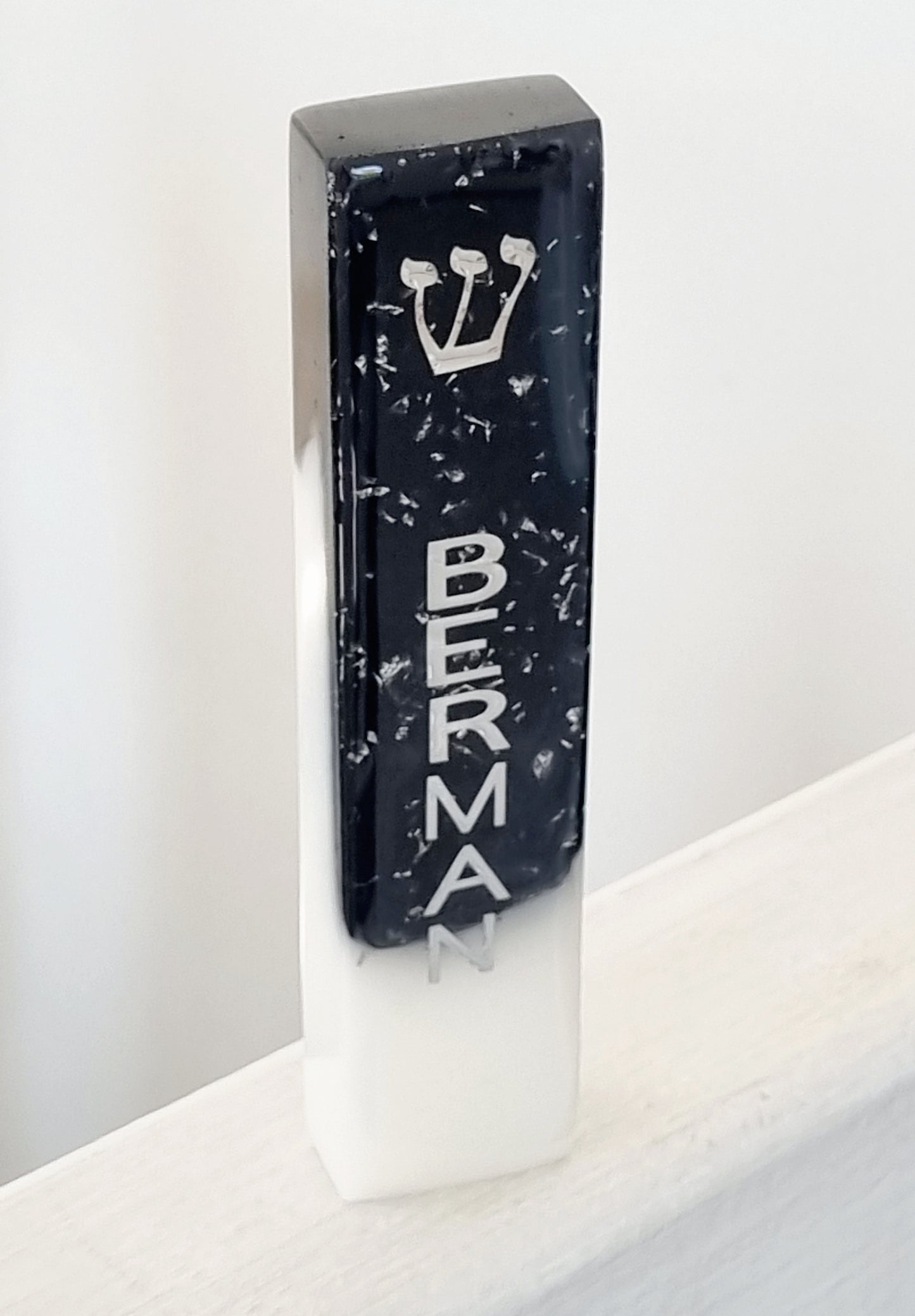 Personalised black amd white resin mezuzah cover with silver leaf