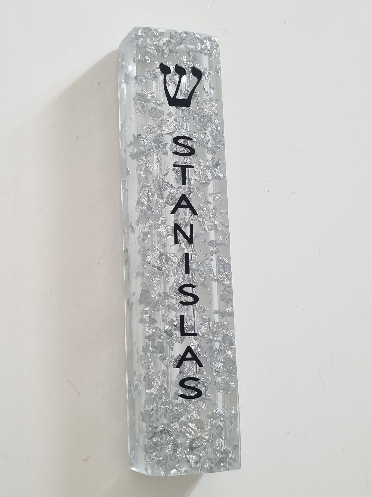 Personalised clear resin mezuzah cover with silver leaf