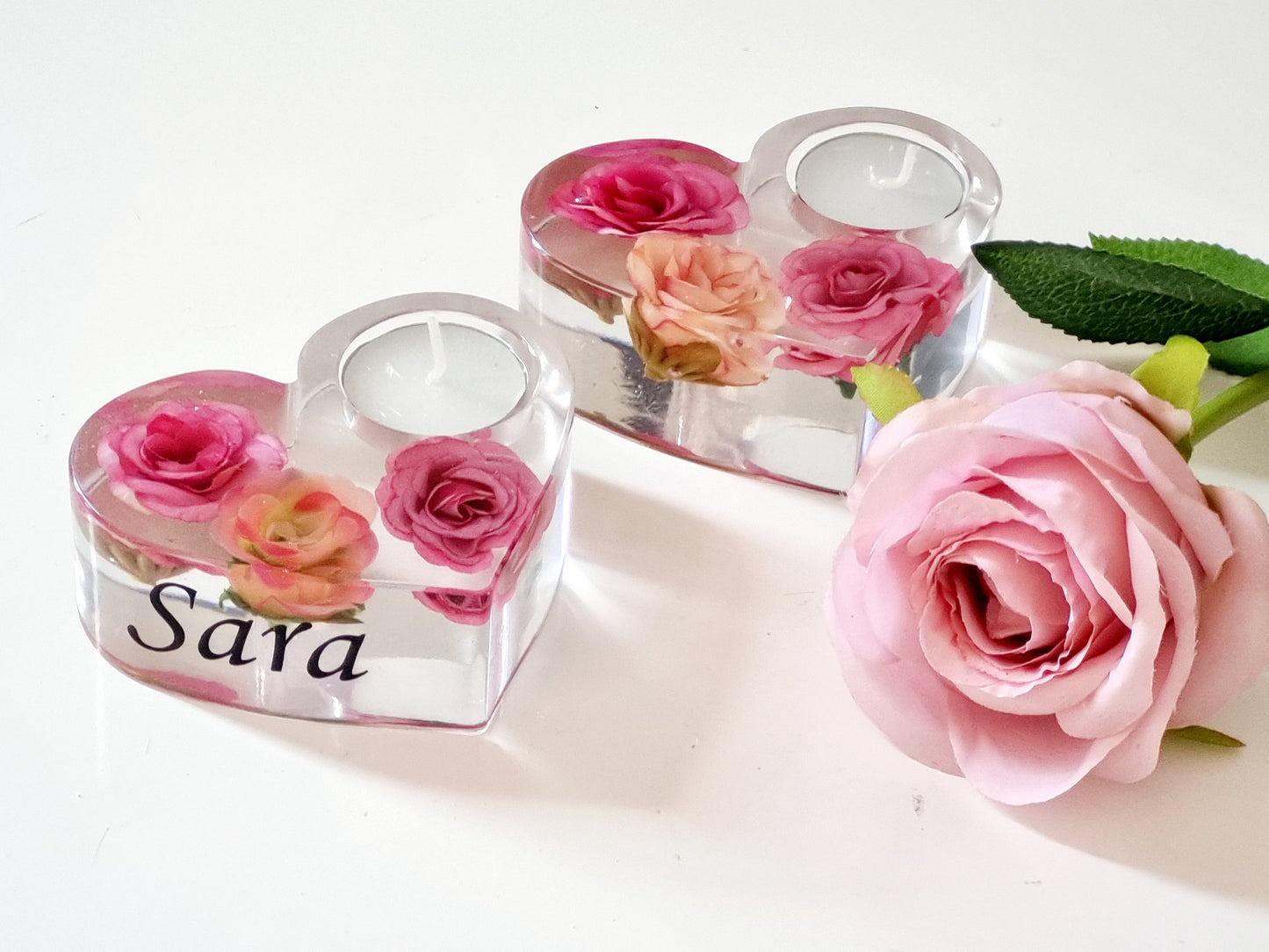 Personalised resin heart candle holders